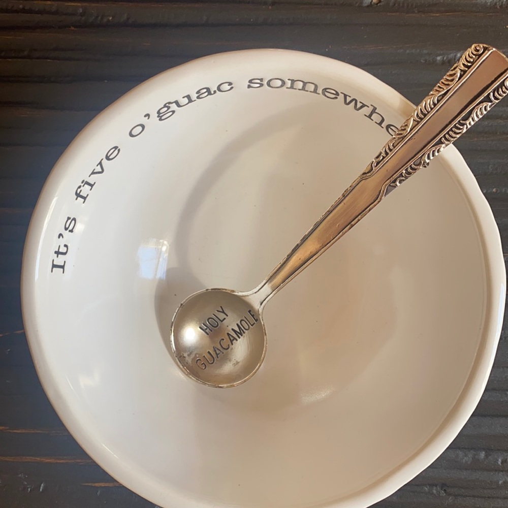 Mud pie guacamole dish and Holy Guacamole spoon. White